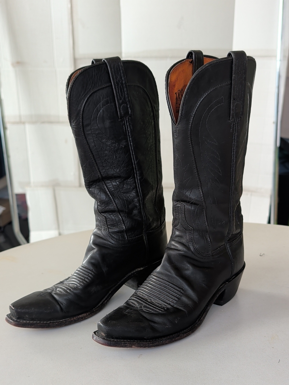 Lucchese Black Leather Cowboy Western Heeled Boots SZ 7.5" Chic Cowgirl Cosplay
